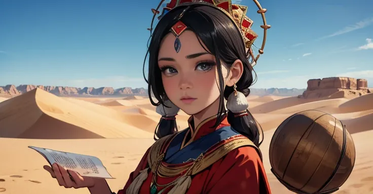 Alafi woman in traditional dress holding a small drum in the desert, Young woman in shaman costume, Girl with a sphere, movie「Silk road」Scenery of, Beautiful youth, Portrait Shot, Ancient Princess Reeve, The desert&#39;s vanishing line is below a woman&#39...