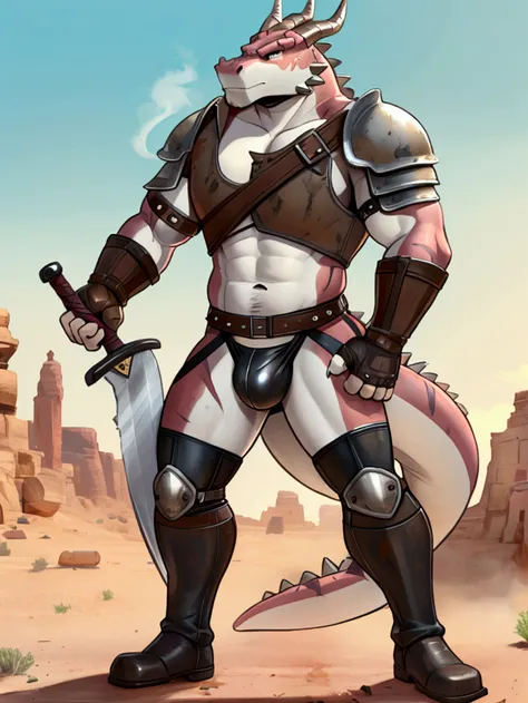 Solo Sexy young anthro scalie dragon male mercenary medieval solider, slim endomorph muscular, anthro handsome gay shorter muzzle, handsome gay model male apperance, sword scars, worn out leather skimpy armament, low on hips heavy leather belt, old very wo...