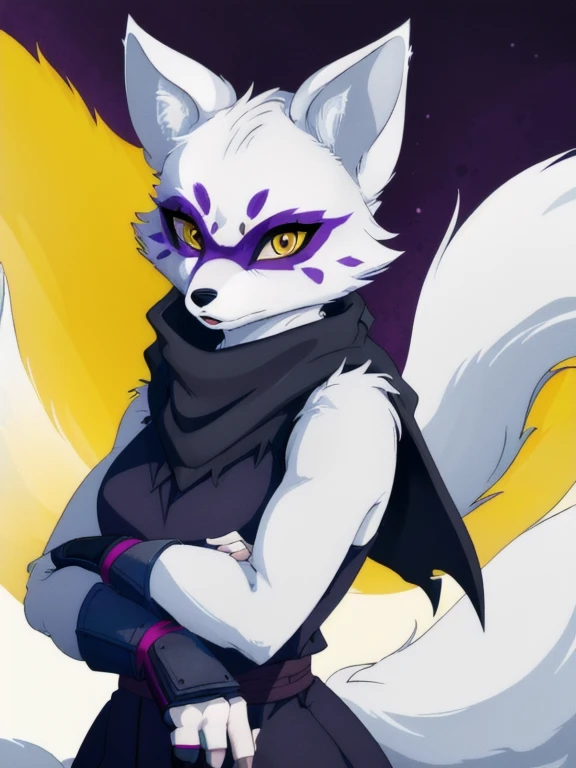 Alopex, arctic fox, furry character, purple mark eyes, tmnt, yellow eyes, 1girl, solo, kunoichi outfits, fox ears, black scarf, fingerless gloves, Masterpiece, Best Quality, Detail, 