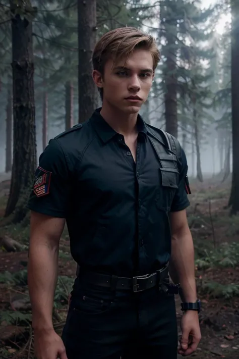 Ned Banks, Tyler Patrick Jones, Teen Wolf, military, 18 years old, short blonde hair, slim and muscular build, blue eyes, open red jacket, black short-sleeved shirt, black belt, black jeans, black combat boots, hanging wolf, forest background with fog