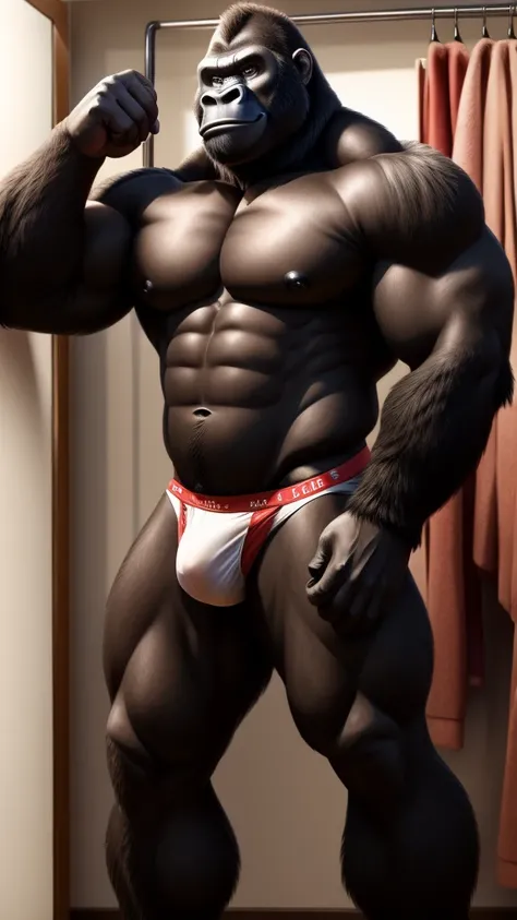 male gorilla, muscular athletic, in a dressing room, posing sensually, wearing underwear, During the day, NSFW, Whole body, well detailed, good quality, big body