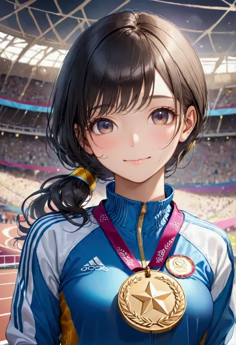 Award ceremony, Show off your gold medal, Happy, (masterpiece:1.2), high quality, high quality, High resolution, (Super detailed), Olympic, athlete, Tracksuits, Upper Body, olympic title on her clothes