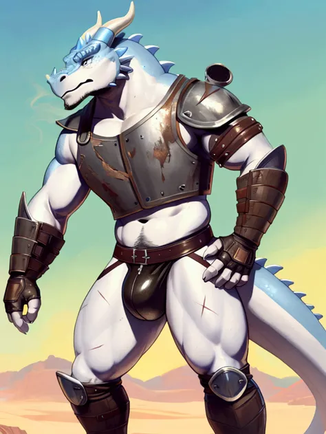 Solo Sexy young anthro scalie dragon male mercenary medieval solider, slim endomorph muscular, anthro handsome gay shorter muzzle, handsome gay muscular brutal bastard dragon, sword scars, worn out leather skimpy armament, heavy worn out studded low on hip...