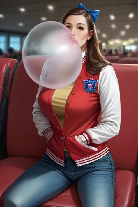 realistic,score_9, score_8_up, score_7_up, cinematic photo Mid-shot portrait of a beautiful ((ohwx woman)) in her 30s in letterman jacket and jeans, Jordan Carver with long hair and blue bow in hair, candid street portrait in the style of Martin Schoeller ...