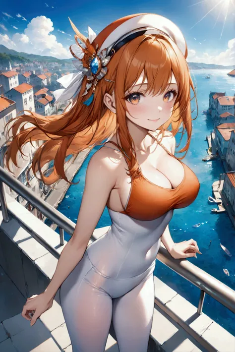 (Highest quality, 8k, 32K, masterpiece, Ultra-high resolution,:1.2),born, One girl,Super cute , Natural light,Clear, shining eyes, 20-year-old ,Fair skin, Girl with orange hair, Woman warrior, sexyポーズ, An innocent smile, In town, A fantasy background remin...