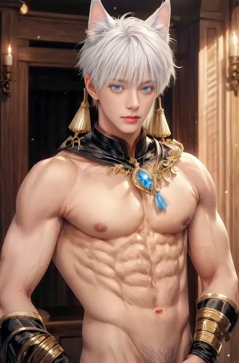 1boy, adult, handsome, perfect face, detailed eyes and face, clean shaved, sixpack realistic, white eyebrow hair, white eyelashes, dynamic lighting, unreal engine 5, hd picture, satoru gojo, white hair, short hair ,hair between eyes ,blue eyes, white skin,...