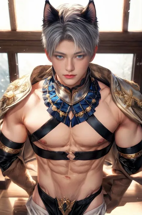 1boy, adult, handsome, perfect face, detailed eyes and face, clean shaved, sixpack realistic, white eyebrow hair, white eyelashes, dynamic lighting, unreal engine 5, hd picture, satoru gojo, white hair, short hair ,hair between eyes ,blue eyes, white skin,...