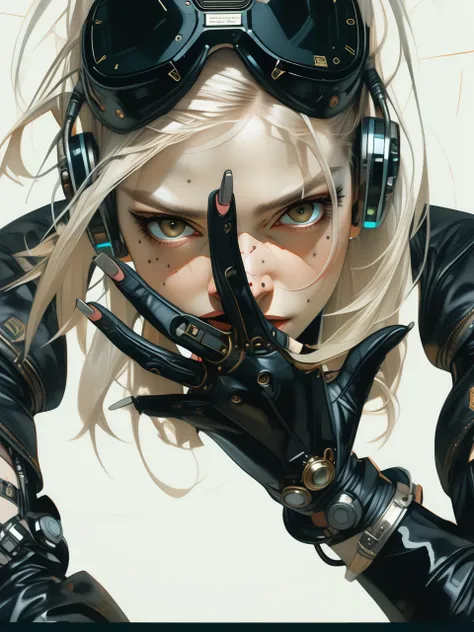 Overhead shot of a Woman in Black Cyberpunk leather, VR Headset, hand reaching out toward viewer, style by J.C. Leyendecker