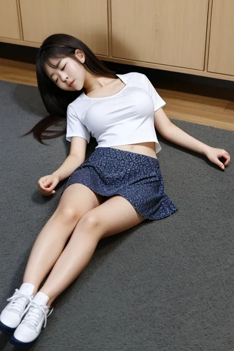 Beautiful Korean teenager, tight short sleeve top, large breasts, long hair,   short skater skirt, flats, masterpiece, full body, eyes closed, laying down on back,