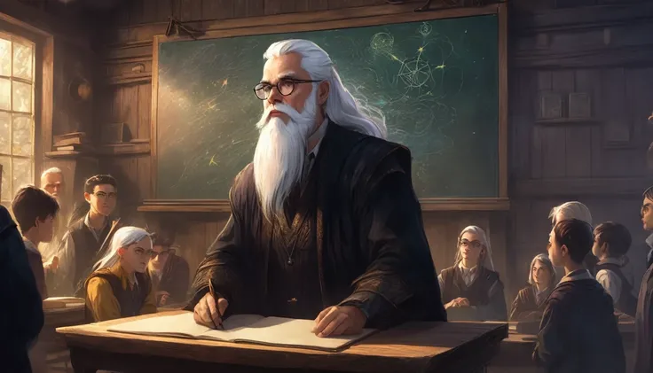 a man with glasses and white hair and beard, The teacher of an arcane magic school, standing at a chalk board in front of a class of students, in fantasy art style