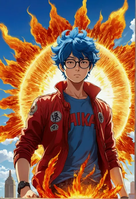 generate an anime style image of Akira, the blue hair, glasses-wearing studious boy being burned by the rays of the sun