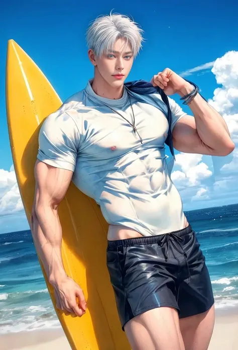 1boy, adult, handsome, perfect face, detailed eyes and face, clean shaved, sixpack realistic, white eyebrow hair, white eyelashes, dynamic lighting, unreal engine 5, hd picture, satoru gojo, white hair, short hair ,hair between eyes ,blue eyes, white skin,