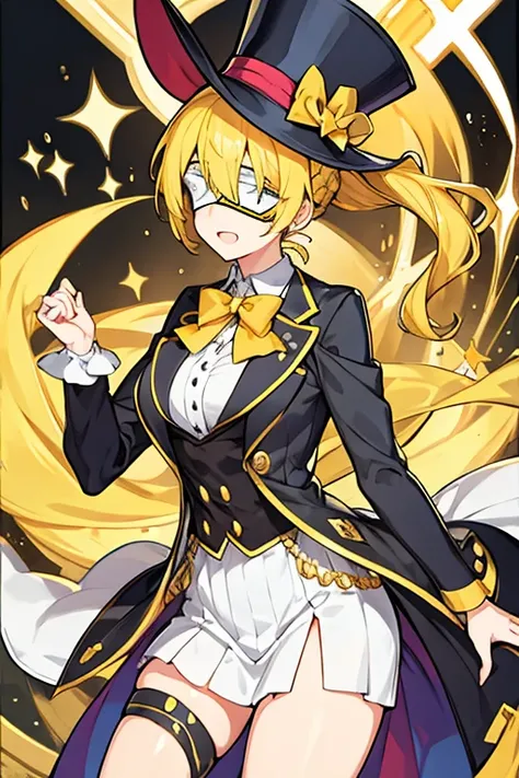 women, yellow ponytail hair, top-hat, blindfold, magician costume