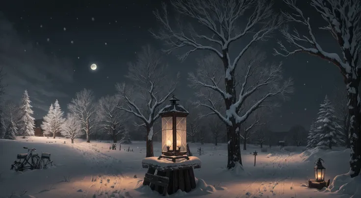 The image depicts a desolate, snow-covered landscape under a dark sky with a full moon illuminating the scene. In the foreground, there is a weathered wooden signpost with a skull and crossbones symbol on it. To the right of the signpost, theres an old, ru...