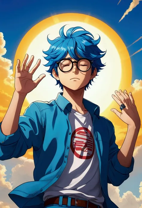 generate an anime style image of Akira, the blue hair, glasses-wearing studious boy being shutting his eyes and holding his hands up, trying to protect himself from  the rays of the sun