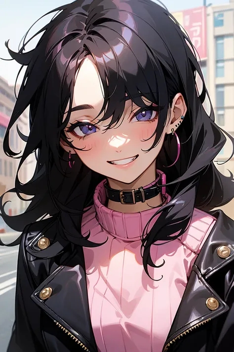 masterpiece, upper body, face portrait, woman, solo, black hair, hair over eyes, messy hair, pink sweater, black leather jacket, grin, earrings, outdoors, collar
