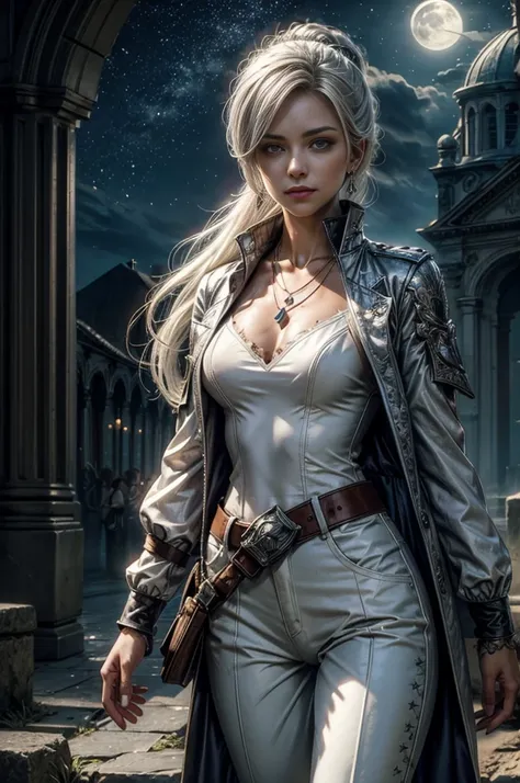 (masterpiece, best quality:1.2), cowboy shot, dynamic pose, weissvale, smile, closed mouth,  looking at viewer, long white hair, side ponytail, scar above eye, scar below eye, white trouser suit,  jewelry, necklace, earrings, future_urban, indoors, standin...