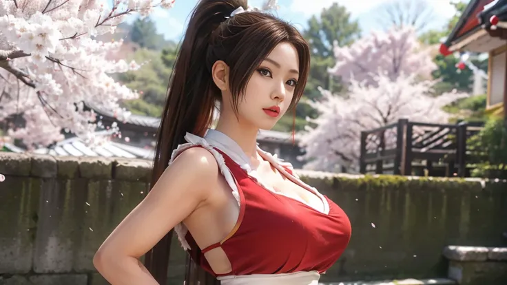 mai shiranui, brown eyes, japanese beauty，微ha halong hair, brown hair, (red clothes:1.3)，super huge breasts， sleeveless, ponytai...