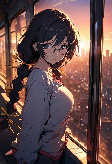 "1girl, hanekawa tsubasa, monogatari (series), twin braids slightly disheveled, glasses askew, hair ribbon loose, dramatic sunset ambient lighting, gazing out train window, reflective expression, cityscape backdrop, masterpiece, best quality, absurdres"

