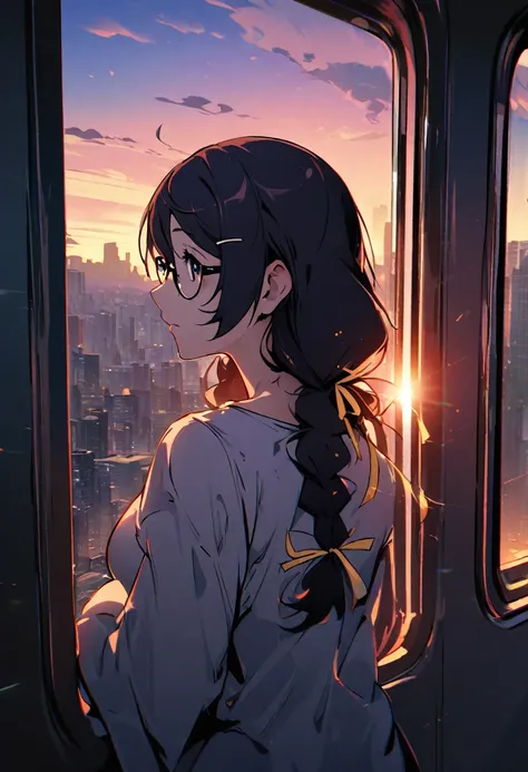 "1girl, hanekawa tsubasa, monogatari (series), twin braids slightly disheveled, glasses askew, hair ribbon loose, dramatic sunset ambient lighting, gazing out train window, reflective expression, cityscape backdrop, masterpiece, best quality, absurdres"

