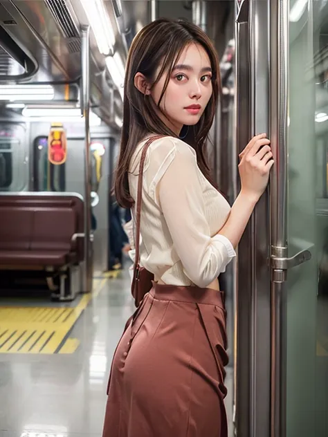 In 8K、RAW Photos、Highest quality、Realistic、Photorealistic、Professional Lighting、masterpiece、Very delicate and beautiful woman).A woman standing on an empty subway looking back at me, Wearing a knit and a long skirt. There is no one else on board、Age 27. Ha...