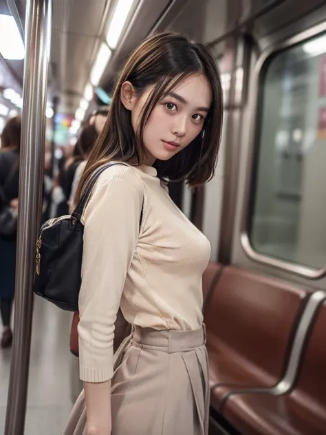 In 8K、RAW Photos、Highest quality、Realistic、Photorealistic、Professional Lighting、masterpiece、Very delicate and beautiful woman).A woman standing on an empty subway looking back at me, Wearing a knit and a long skirt. There is no one else on board、Age 27. Ha...