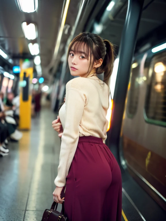 In 8K、RAW Photos、Highest quality、Realistic、Photorealistic、Professional Lighting、masterpiece、Very delicate and beautiful woman).A woman standing on an empty subway looking back at me, Wearing a knit and a long skirt. There is no one else on board、Age 27. Ha...