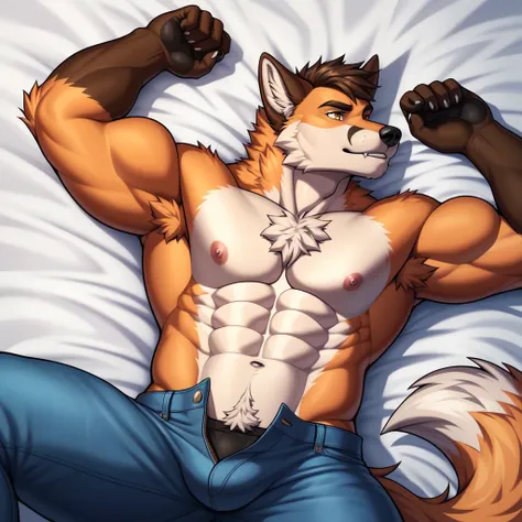 canid, canine, canis, werecanid, werecanine, werefox, fox, mythology, anthro, biped, questionable, blue_body, blue_fur, black_nose, ((detailed_eyes)), yellow_eyes, male, fingers, fluffy, fluffy_tail, fur, bare_chest, blue_jeans, muscular, muscular_anthro, ...