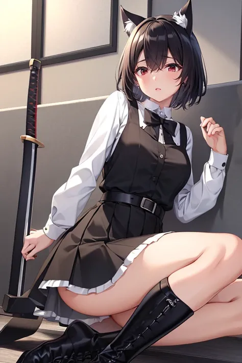 (masterpiece, best quality), 1 girl with short black hair, cat ears, short skirt, knee-high leather boots, white shirt up to mid-abdomen, red eyes, katana sword