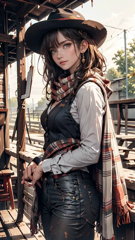 Portrait of a beautiful woman on a muddy farm:1.2 , Cowboy hat, Fringed waistcoat , pants, scarf , confidence , Mid-chest,