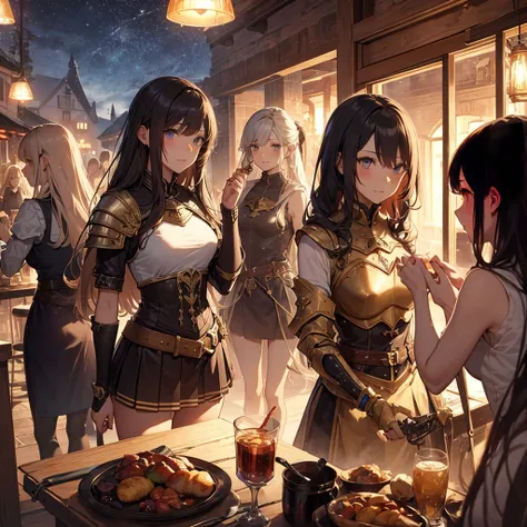 A group of  female medieval fantasy adventurers, (in tavern), various hair styles, harem, night, details face, short skirt, seducing, sleeveless, armor 