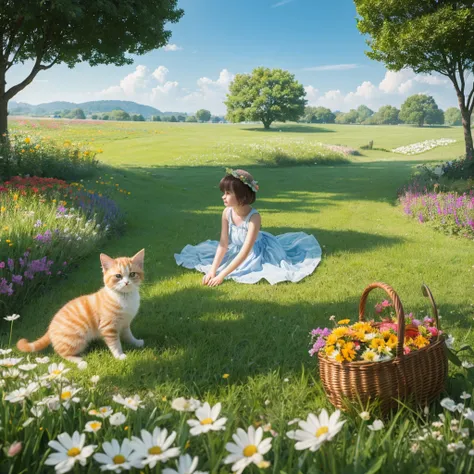 
Image Template 1: “Morning Departure”

	1.	Background: Lush green meadow with a clear blue sky.
	2.	Main Characters: An orange and white kitten, Misha.
	3.	Props: A flower basket.
	4.	Environmental Details: Soft morning sunlight with dewdrops sparkling on...