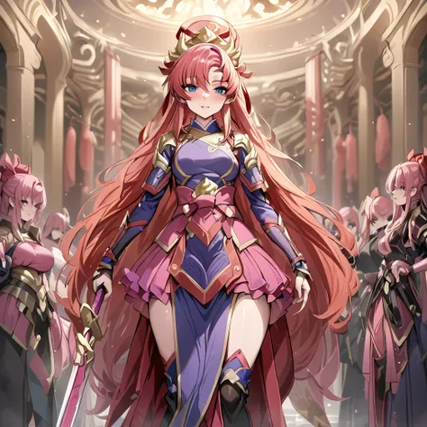 ((Highest quality)), ((masterpiece)), (detailed), （Perfect Face）、The female ancient Chinese warrior is Lacus Clyne, with blue eyes, pink semi-long hair, and is wearing luxurious ancient Chinese warrior equipment, a sword, and a luxurious headdress.、There a...