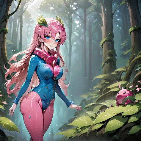 ((Highest quality)), ((masterpiece)), (detailed), （Perfect Face）、The female plant monster is Lacus Clyne, a bizarre plant monster with blue eyes, semi-long pink hair, and a body made of plants.、Lacus Clyne, a beautiful plant monster standing in the forest