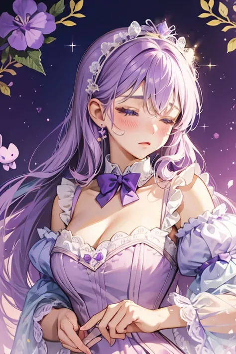 Violet Contessa, A light purple bunny making a surprised expression with one shut eye and faint pink blushed cheeks. She wears a violet ribbon on her ears and has a whte floral, dot, and scalloped frosting design around her. SPARKLE; GLITTER