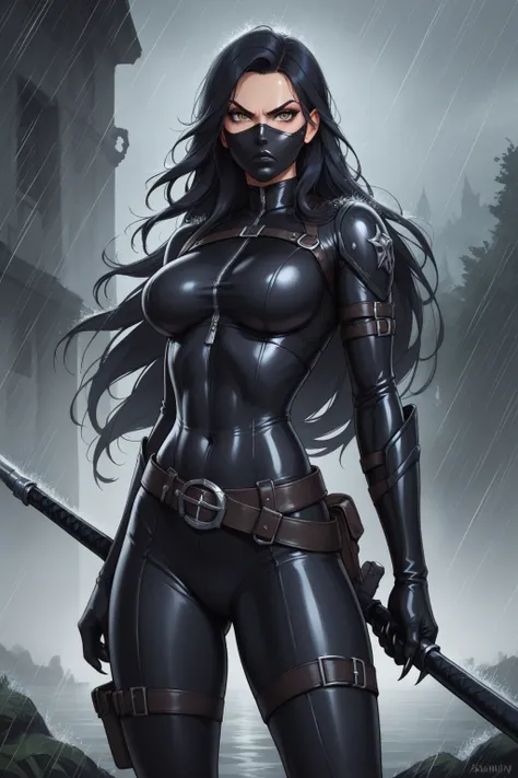 score_9, score_8_up, score_7_up, masterpiece, high quality, break
lrakinyx, long hair, mask, bodysuit, gloves, belt, angry, rain...