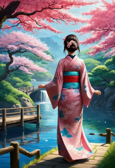 Create an anime-style illustration of a girl viewed from behind, wearing a traditional kimono. The kimono should feature a vivid, dream-like landscape with lush trees, flowing water, and cherry blossoms. Use vibrant colors like bright reds, blues, greens, ...