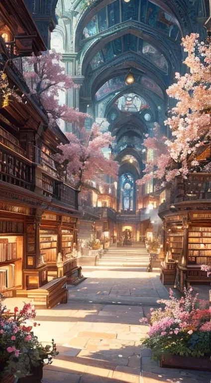 ((Best quality)), ((Masterpiece)), ((Ultra-detailed)), (illustration), (Detailed light),Magic Library,Flowers and trees