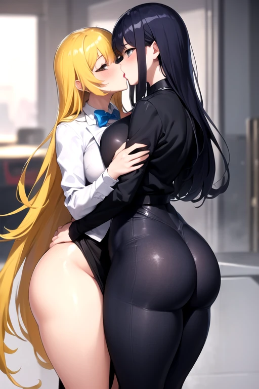 Lesbian (very long loose yellow hair)(big breasts, big thighs)(with  clothes it is very tight) that he is kissing at school with his girlfriend,(big breasts, big thighs)lesbian love