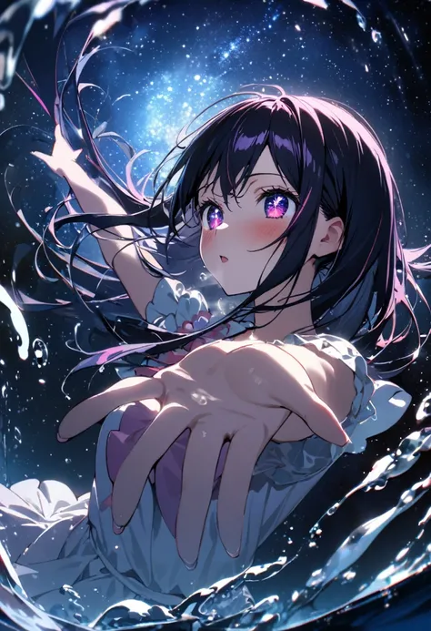 1girl, hoshino ai (oshi no ko), floating on debris, starry night sky, moonlight reflection, reaching out pose, icy breath effect, bioluminescent water, masterpiece, best quality, absurdres

