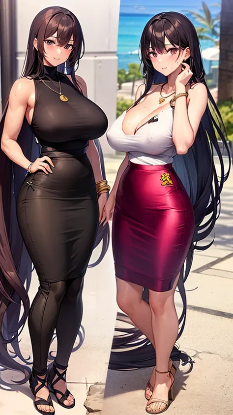 (masterpiece, best quality), 1girl, beautiful business woman with wavy hair on the beach, dark plum hair, large breasts, wide hips, slim body, athletic body, muscle, abs, red bra, (black maxi pencil skirt), (very long tight stretchy pencil skirt:2), sandal...