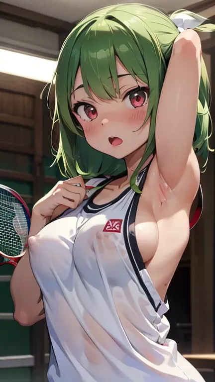 mastute piece,Best Quality,insanely detailed,8k cg,nsfw,
(shoot upper body:1.3),
(1girls:1.3),standing,looking at viewr,body in front,both arms behind back,(badminton-uniform:1.3),(bare breasts:1.2),(bare nipples:1.2),
break,
blush,shy,(ecstasy face),(trem...