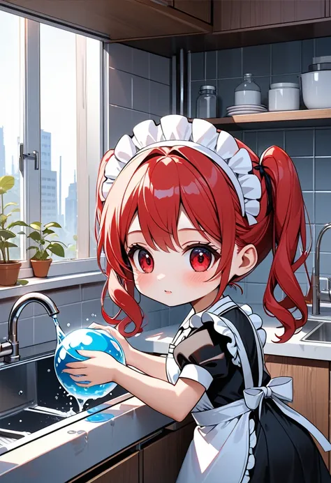 A girl dressed as a maid washing dishes in the kitchen.The Chibi style girl is washing dishes in the kitchen.The Chibi style girl is about 16 years old.Her hair is red and tied in twin tails,She is wearing a maids headdress.She is wearing a gorgeous frilly...