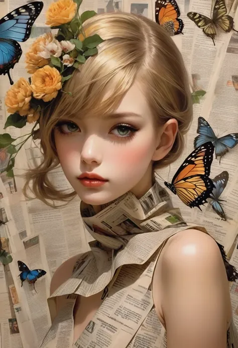 Side view girl, Solitary, Wearing a magazine cover dress, Delicate facial features and long eyelashes, A butterfly landed on her head, There were newspaper clippings all around.. Girl&#39;s face with realistic details, Bright colors，Clear focus. The overal...