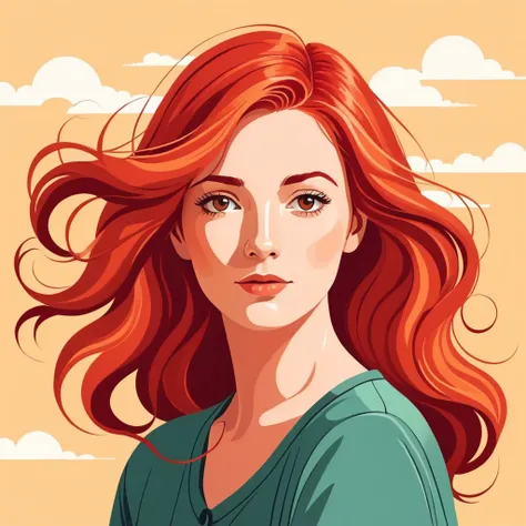 A vector illustration, a red-haired woman with hair in the wind, a woman. She is thoughtful.by Kathrin Honesta