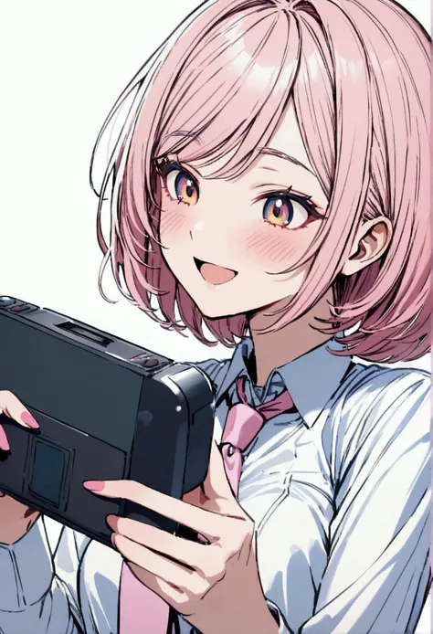 Young woman, short hair, pink-yellow hair, Blue Makeup, white shirt, pink necktie, simple background, smiling, blushing, playing video games
