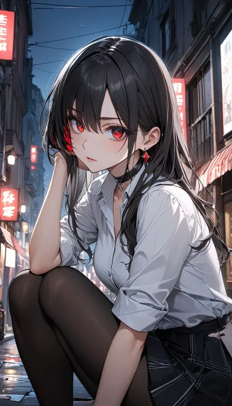 best quality, super_delicate, super delicate eyes, ultra detailed, beautiful, 8k , 1girl, red eyes, evil, facinging sideway, street, sitting, business shirt, skirt, earrings, choker, black tights, nikke, night