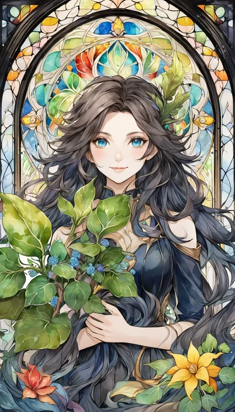 Playing with the tides,Luxray, Split Color Hair, Wind, 舞い散るflowerびら, Stained Glass AI, Decorative, Intricate details, Dukhkova, 2D, Line art, watercolor, ink watercolor, Random color hair, Super long hair, Wavy, One girl,Mandrake,flower, Mandrake,  