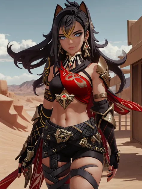 4k,(((1girl))),a sexy&cool female in the desert,walking,dehya,dehya \(genshin impact\),asymmetrical clothes,detail,long hair,hug...