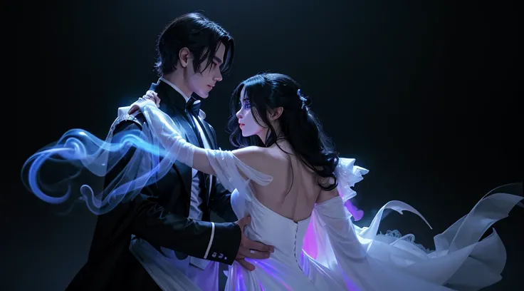 long shot, masked male ghost assassin in black clothes, dancing with a beautiful woman in white elegant dress, high detail, wide shot, 4K, 3D, REALISTIC, (iridescent glow smoke), UHD, 32K, very bold neon colors, black light, neon light